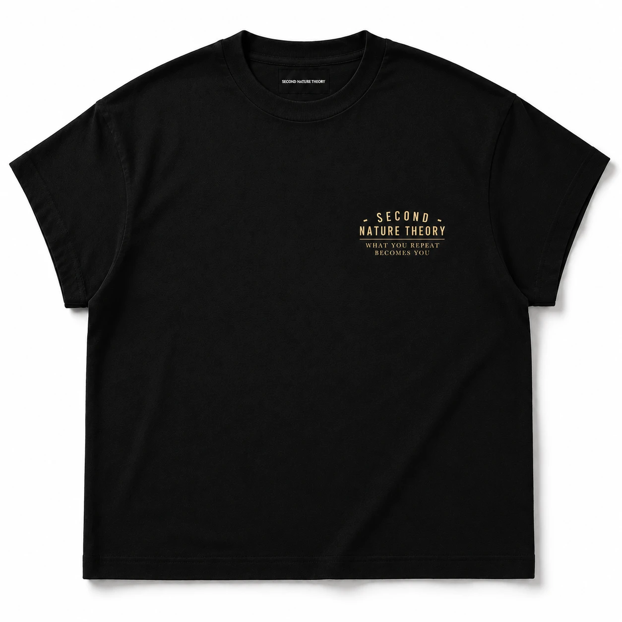 Kaos boxy tee warna hitam, tampak depan, tulisan Second Nature Theory krem kecil di dada kiri